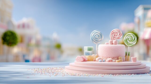 Colorful candy display with pastel lollipop cake and sweet treats on table