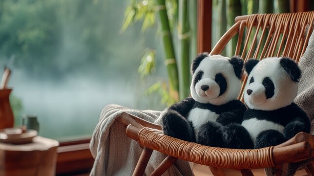 Cozy indoor setting with two plush panda toys on chair near window