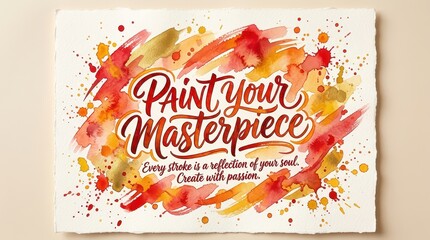Naklejka premium Inspirational Watercolor Artwork 'Paint Your Masterpiece' with Artistic Brush Strokes and Splatters