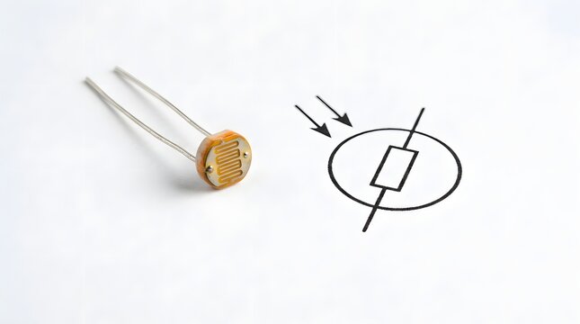 A photoresistor electronic component placed next to its LDR symbol and circuit diagram symbol on a white background.