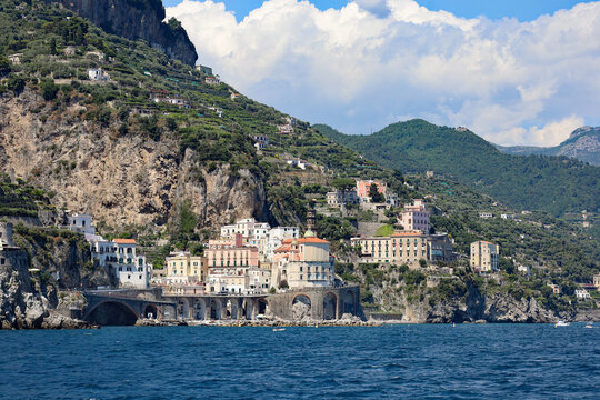 Picturesque seaside view of the historic fishing village of Atrani, located along the iconic Amalfi Coast in Campania, Italy.