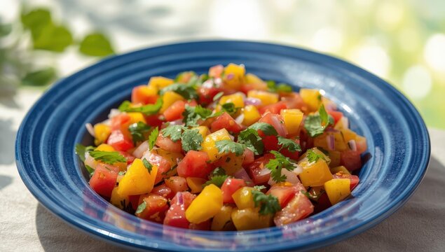 salad with salsa on blue dish