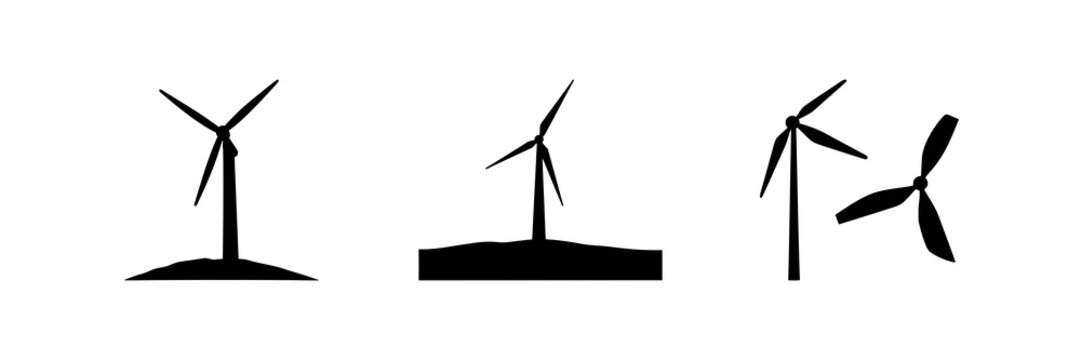 Wind turbine set with solid black silhouette on white background featuring renewable energy icon, sharp geometric lines, line art with vertical axis and wind power