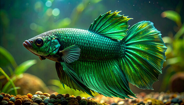 Vibrant green betta fish swimming underwater aquatic life illustration
