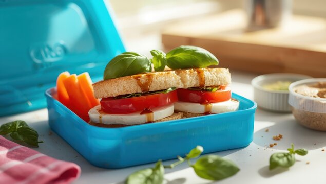 school lunch featuring layered caprese sandwich in blue container