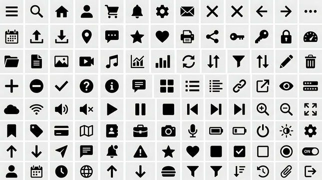 Symbols form a functional set of user interface navigation and utility controls for websites.