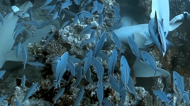 Deep in Fiji's sparkling waters, observe stunning interaction between serene nurse sharks and massive school of shimmering fish. Remoras cling, creating magical underwater tableau during day.