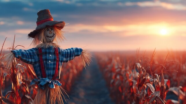 Rustic scarecrow wearing plaid shirt and hat in golden cornfield at sunset