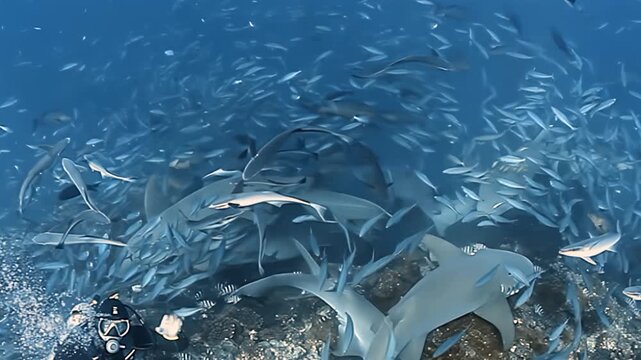 Experience the azure depths of Fiji, where majestic nurse sharks gather with their remora companions. A brilliant, dense school of fish dances around them, creating an unforgettable marine ballet.