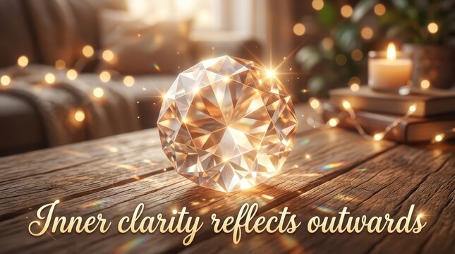 Sparkling diamond reflecting inner clarity and light with warm bokeh and candle light, symbolizing luxury, wisdom, and introspection