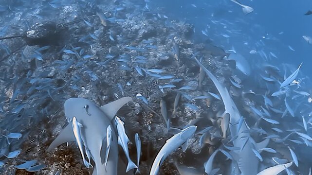 Gentle nurse sharks gracefully navigate a vibrant school of shimmering fish, accompanied by loyal remoras, creating a breathtaking underwater spectacle in Fiji's crystal clear depths.