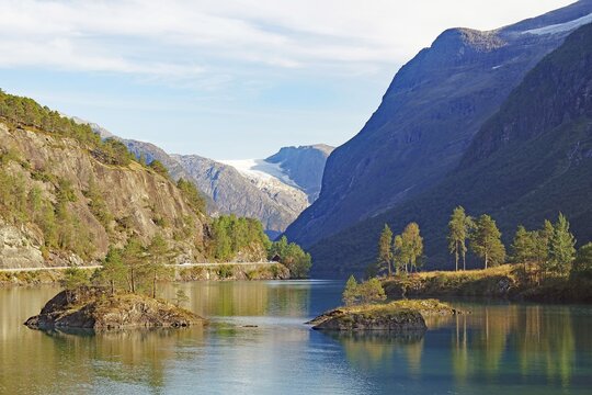 Individual trees reflected in the still waters of a turquoise-green lake, barren mountains and Lovatnet, Loen, Fjordland, Norway