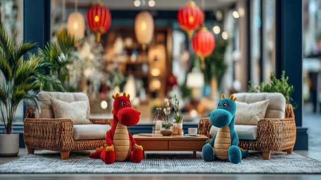 Cozy modern living room with wicker chair and colorful dragon plush toy