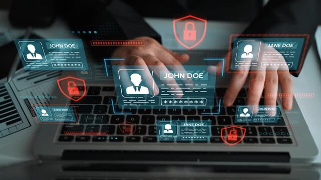 Digital security concept with user profiles, virtual lock symbols, and cybersecurity elements on laptop screen in modern workplace setting. Entropy.