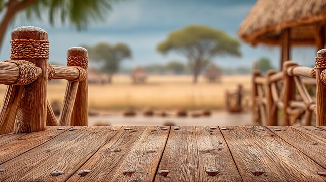 Rustic wooden table with blurred savanna landscape and traditional village