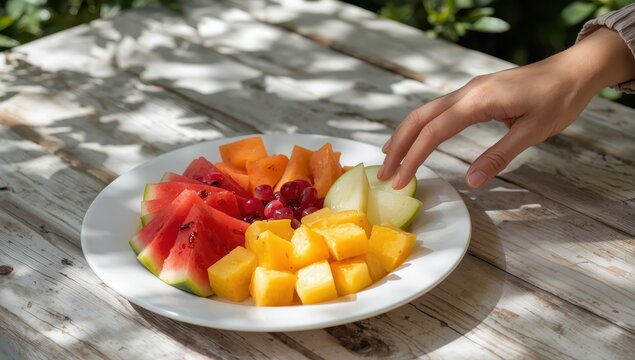 A rujak salad featuring sliced watermelon, papaya, cantaloupe, pineapple, and apple, presented on a white ceramic dish.