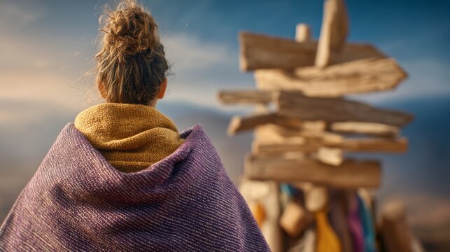 Woman wrapped in warm blanket looking at wooden signpost during sunset outdoors