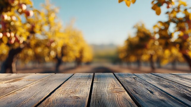 Rustic wooden table with blurred autumn orchard background and soft light