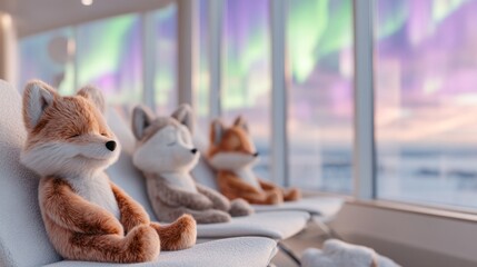 Fototapeta premium Cute plush animal sitting near large window with northern light view