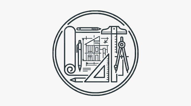 Corporate Minimalist Black and White Architecture and Drafting Tools Logo Seal Icon for Engineering Firms