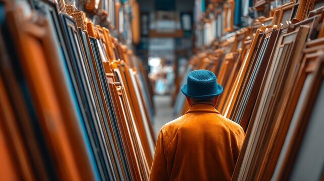 Man in Blue Hat and Orange Coat Browsing Wooden Frame Display Aisle