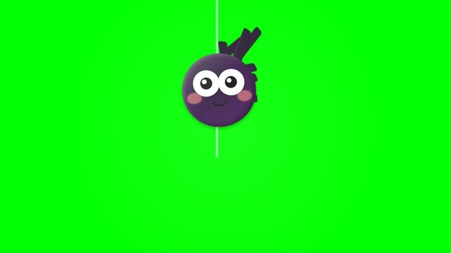 Cute Animated Purple Fruit Character Swinging on a Green Screen Background.