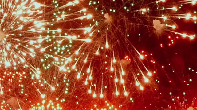 A dazzling firework show lights up the dark night sky, exploding with vibrant colors and creating a spectacular display over Lake Serenity. The reflections dance in the water.