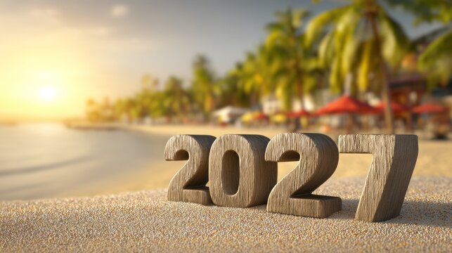 Wooden numbers 2027 on tropical beach sand with sunset and palm tree