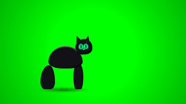 Minimalist 2D Animation of a Cute Black Cat Walking on Green Screen.