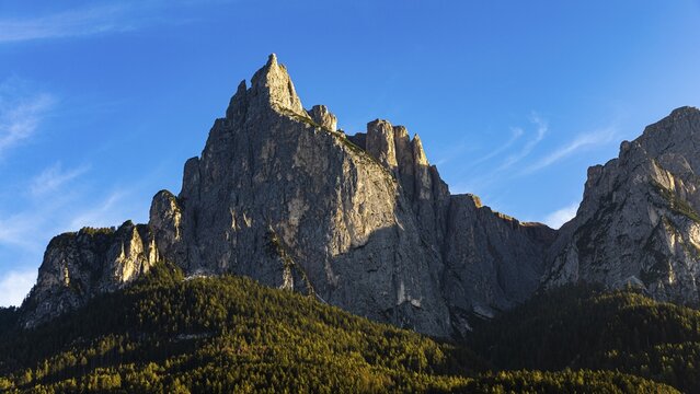 The summit of the Schlern in the evening light, below the Seiser Alm, view from Seis, Dolomites, South Tyrol, Italy