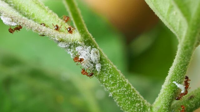 Macro shot of red ants carrying and tending to white mealybugs on a green plant stem.