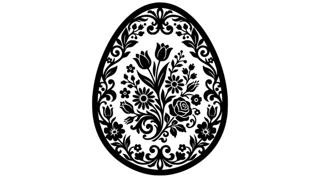 Intricate Black and White Floral Easter Egg Silhouette for Laser Cutting