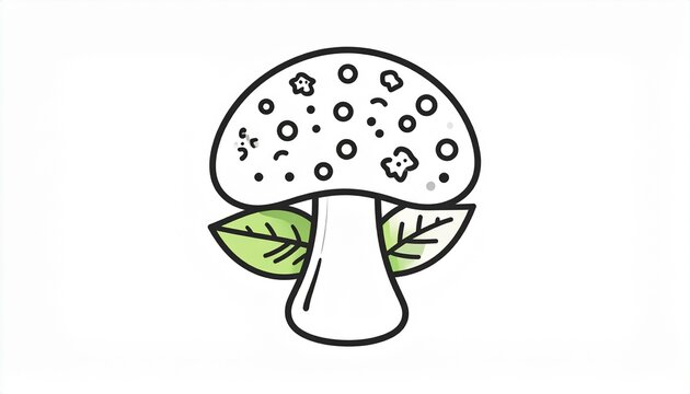 Minimalist black line vector icon of a forest mushroom with green leaves, suitable for organic nature or culinary designs