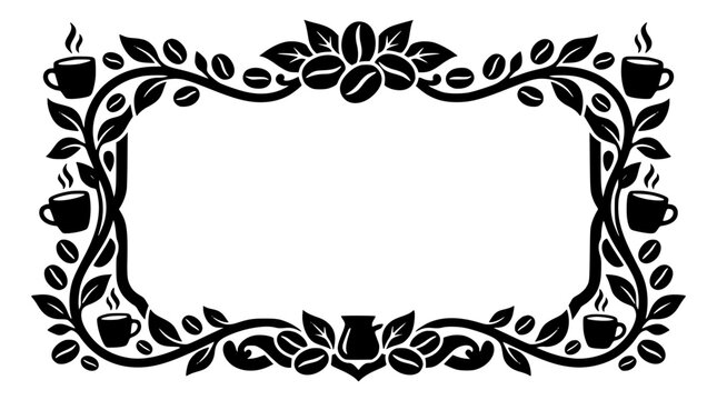 Ornate black coffee themed border with beans leaves and steaming cups