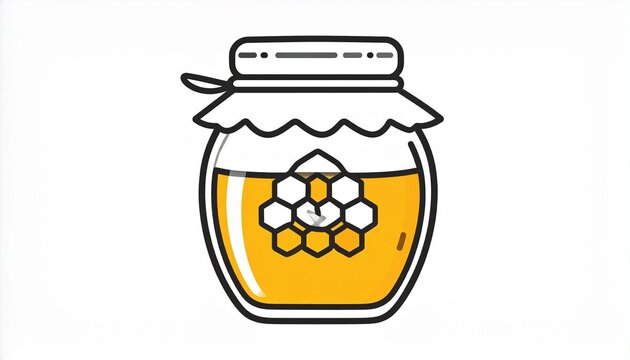 A vector illustration of a glass jar filled with golden honey, featuring a honeycomb pattern label on the front, isolated on a white background