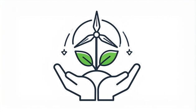 Minimalist Line Art Icon of Hands Holding Wind Turbine Sprout Representing Renewable Green Energy and Sustainability Concept