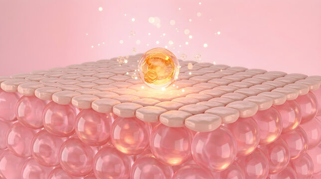 Active ingredient droplet absorbs into the epidermis to boost moisture levels and restore cellular health. 3D rendering.