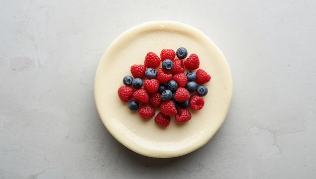 Traditional New York cheesecake topped with fresh raspberries and blueberries on a gray surface, overhead shot, empty space.
