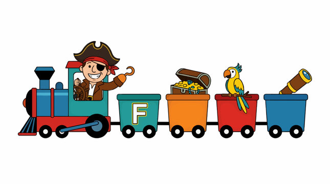 Playful Pirate Train with Captain at Helm, Treasure Chest, Parrot, and Telescope, Flat Vector Illustration