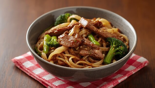 Detailed view of Pad See Ew in a bowl on a checkered napkin, featuring wide rice noodles, green veggies, and beef slices.