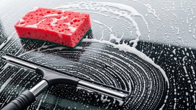 Professional car wash service with red sponge and squeegee tool. Automotive detailing process on wet glass surface. Cleaning soapy foam and water bubbles on vehicle windshield.