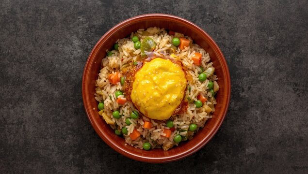 Genuine Chinese and Asian egg and vegetable fried rice in a brown ceramic bowl, viewed from above, on a dark concrete table. Classic Chinese cuisine.