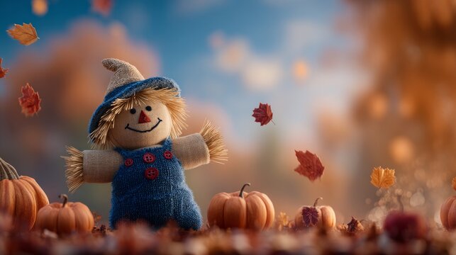 Cute scarecrow doll in hat with autumn pumpkins and falling leaves