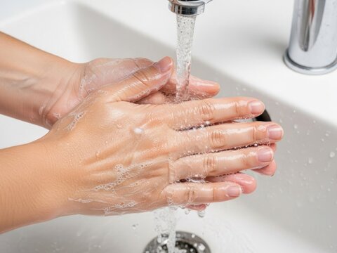 Washing hands with soap and water in bathroom sink, person cleaning hands for personal hygiene and health, close up of soapy hands under running tap water for virus prevention and skincare
