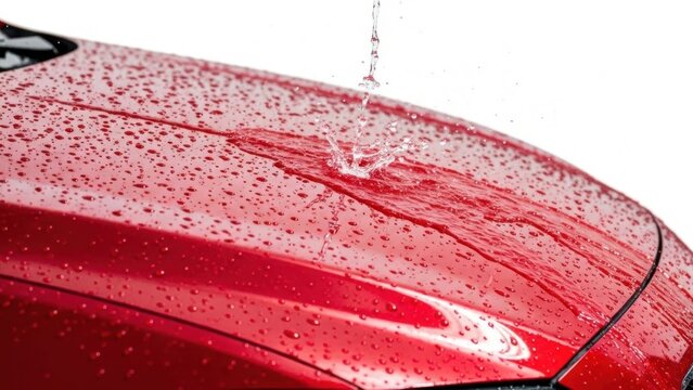 Hydrophobic ceramic coating on red car hood, water beads splashing on glossy vehicle paint, professional automotive detailing and paint protection film demonstration on white background