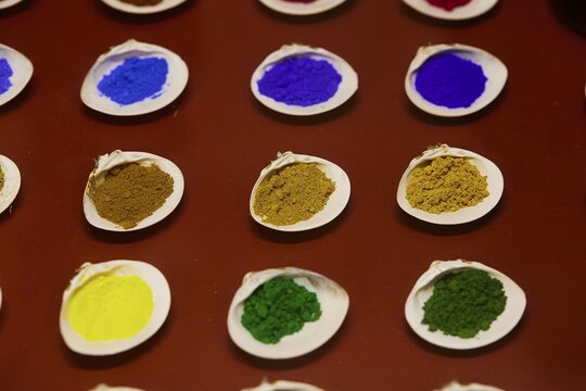Pigments divided into shells in various bright colours, Museum of Icon Painting, Thari Monastery, Moni Thari, near Gadouras Reservoir, lonely mountain region, Rhodes, Dodecanese, Greek Islands, Greece