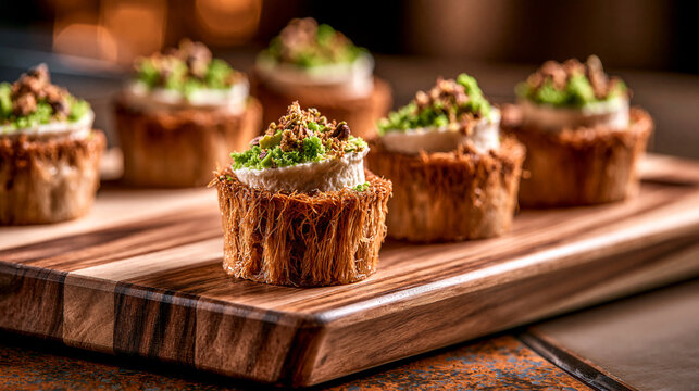 Miniature middle eastern pastry cups topped with cream and pistachios on wooden board