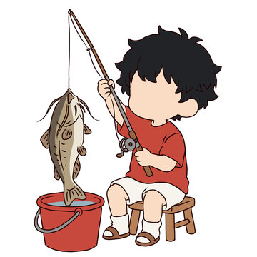 Chibi Faceless Boy Fishing Catfish Sitting on Wooden Stool Illustration