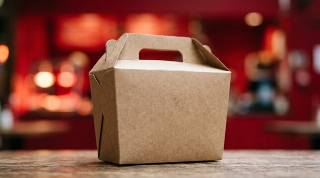 Blank Kraft Paper Takeout Box with Handle on Wooden Table