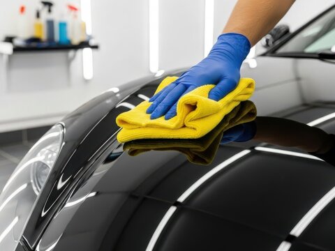 Professional car detailing service with microfiber cloth. Worker in blue gloves polishing black luxury vehicle hood. Auto maintenance and ceramic coating application in bright garage studio.
